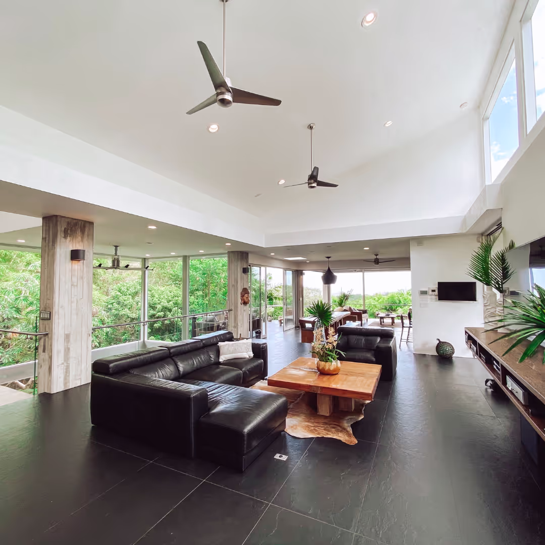 The estate's glass-walled living room