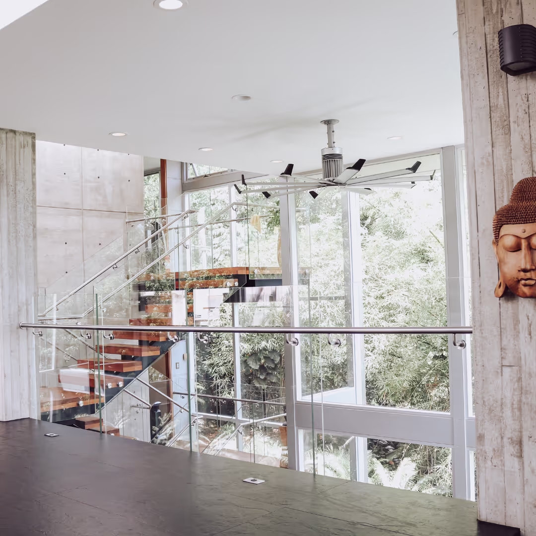 The floating stair in the estate's 30-foot atrium